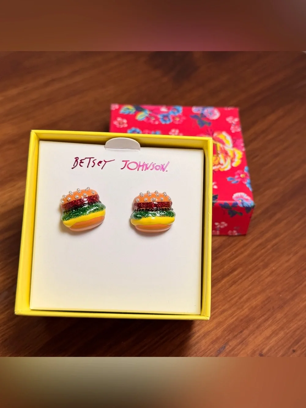 NWT Betsey Johnson Rainbow Burger Stud Earrings with Pearls - Yellow & Green - Picture 1 of 3